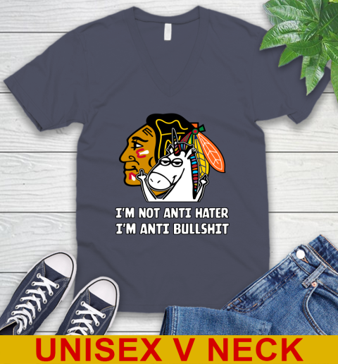Chicago Blackhawks NHL Hockey Unicorn I'm Not Anti Hater I'm Anti Bullshit V-Neck T-Shirt 8