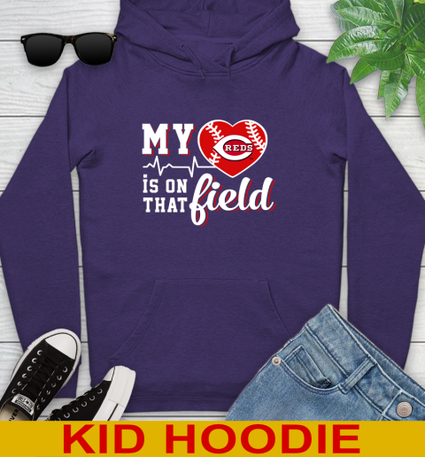 MLB My Heart Is On That Field Baseball Sports Cincinnati Reds Youth Hoodie - Image 6