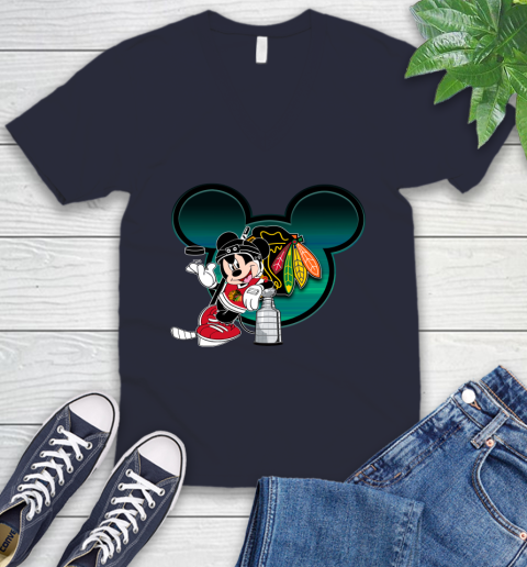 NHL Chicago Blackhawks Stanley Cup Mickey Mouse Disney Hockey T Shirt V-Neck T-Shirt 3