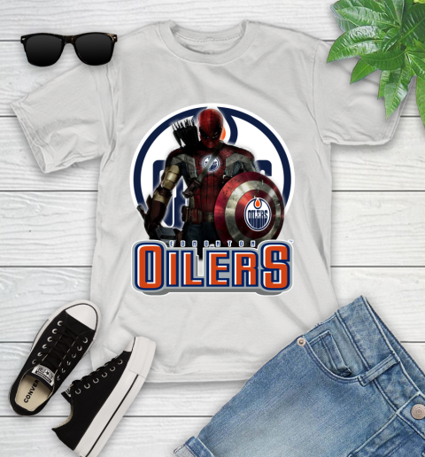 NHL Captain America Thor Spider Man Hawkeye Avengers Endgame Hockey Edmonton Oilers Youth T-Shirt