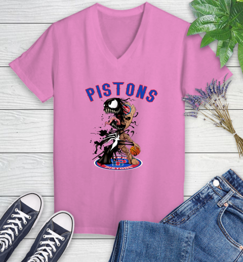 NBA Detroit Pistons Basketball Venom Groot Guardians Of The Galaxy Women's V-Neck T-Shirt 14