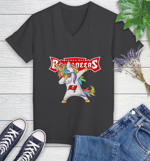 Tampa Bay Buccaneers NFL Football Funny Unicorn Dabbing Sports Women's V-Neck T-Shirt 8