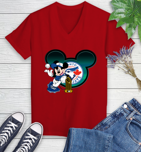 MLB Toronto Blue Jays The Commissioner's Trophy Mickey Mouse Disney Women's V-Neck T-Shirt 12