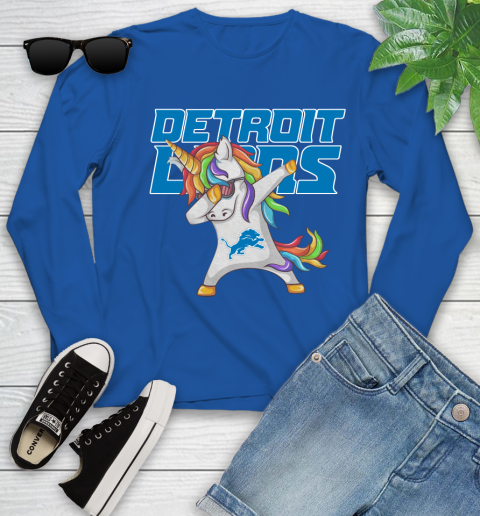 Detroit Lions NFL Football Funny Unicorn Dabbing Sports Youth Long Sleeve 9
