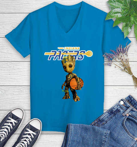 Indiana Pacers NBA Basketball Groot Marvel Guardians Of The Galaxy Women's V-Neck T-Shirt 7