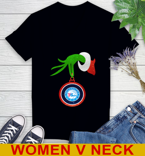 Philadelphia 76ers Grinch Merry Christmas NBA Basketball Women's V-Neck T-Shirt 2