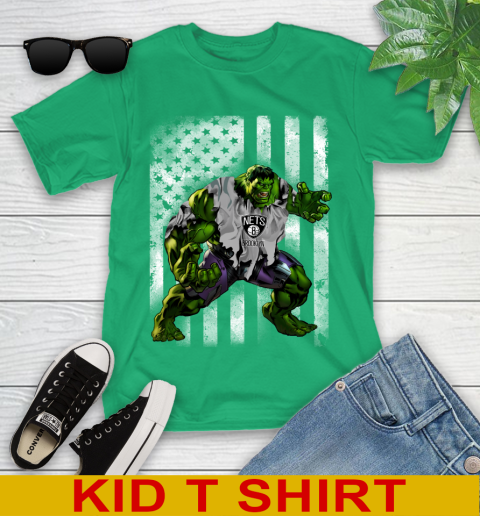 Brooklyn Nets Hulk Marvel Avengers NBA Basketball American Flag Youth T-Shirt 7