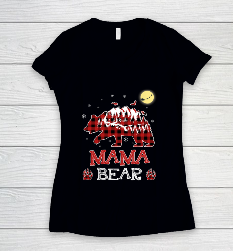 Mama Bear Christmas Pajama Red Plaid Buffalo Family Women's V-Neck T-Shirt