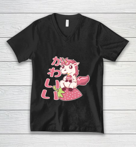 Strawberry Milk Shake Carton  Kawaii Chibi Unicorn Japanese V-Neck T-Shirt