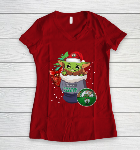 Boston Celtics Christmas Baby Yoda Star Wars Funny Happy NBA Women's V-Neck T-Shirt 10