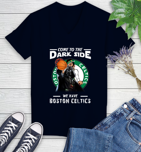 NBA Come To The Dark Side We Have Boston Celtics Star Wars Darth Vader Basketball Women's V-Neck T-Shirt 2