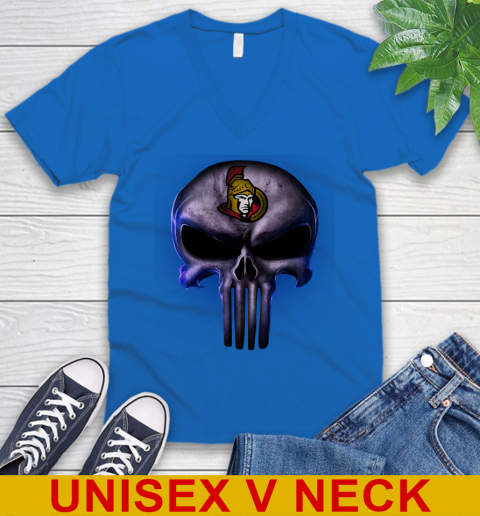 Ottawa Senators NHL Hockey Punisher Skull Sports V-Neck T-Shirt 5