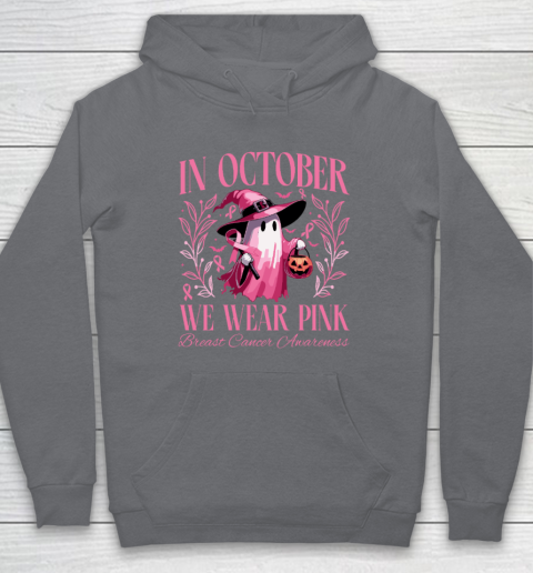 In October We Wear Pink Witch Ghost Pumpkin Breast Cancer Hoodie 3