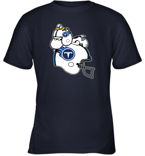 Snoopy And Woodstock Resting On Tennessee Titans Helmet xb2x snoopy and woodstock resting on tennessee titans helmet youth t shirt 26 front navy