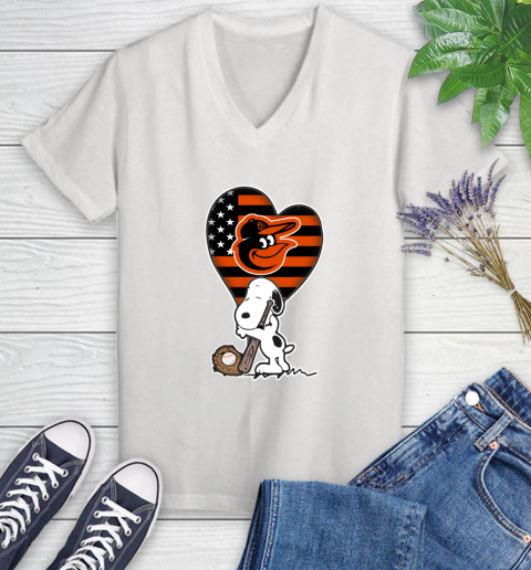 Baltimore Orioles MLB Baseball The Peanuts Movie Adorable Snoopy Women's V-Neck T-Shirt