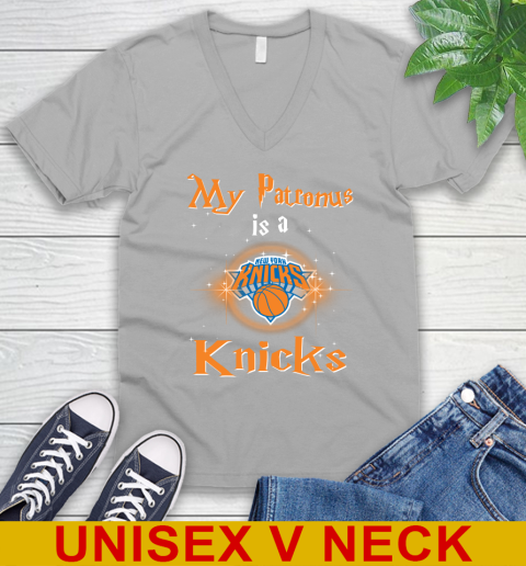 NBA Basketball Harry Potter My Patronus Is A New York Knicks V-Neck T-Shirt 3