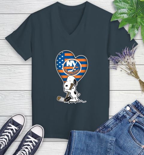 New York Islanders NHL Hockey The Peanuts Movie Adorable Snoopy Women's V-Neck T-Shirt 8
