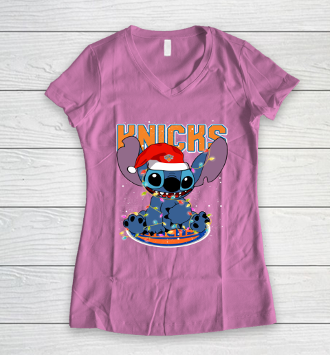 New York Knicks NBA noel stitch Basketball Christmas Women's V-Neck T-Shirt 8