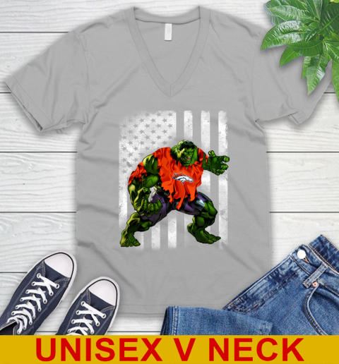 Denver Broncos Hulk Marvel Avengers NFL Football American Flag V-Neck T-Shirt 3