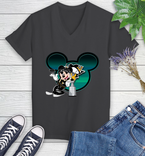 NHL Pittsburgh Penguins Stanley Cup Mickey Mouse Disney Hockey T Shirt Women's V-Neck T-Shirt 8