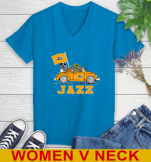 NBA Basketball Utah Jazz Darth Vader Baby Yoda Driving Star Wars Shirt Women's V-Neck T-Shirt 8