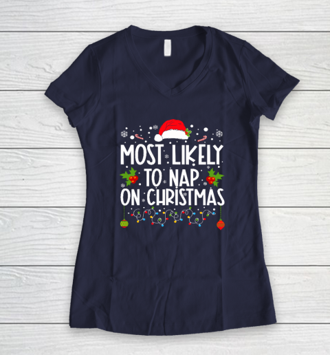Most Likely To Nap On Christmas Family Christmas Pajamas Women's V-Neck T-Shirt 7