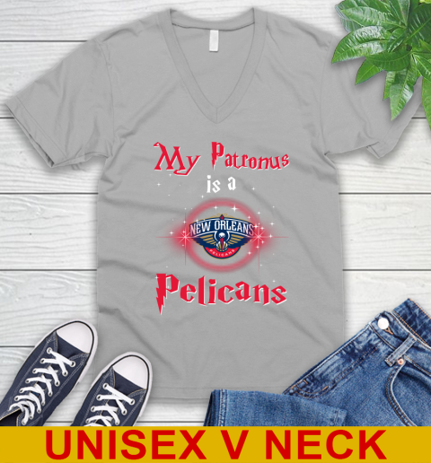 NBA Basketball Harry Potter My Patronus Is A New Orleans Pelicans V-Neck T-Shirt 3