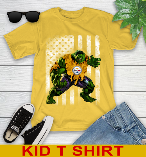 Pittsburgh Steelers Hulk Marvel Avengers NFL Football American Flag Youth T-Shirt 9