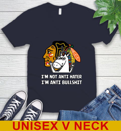 Chicago Blackhawks NHL Hockey Unicorn I'm Not Anti Hater I'm Anti Bullshit V-Neck T-Shirt 3