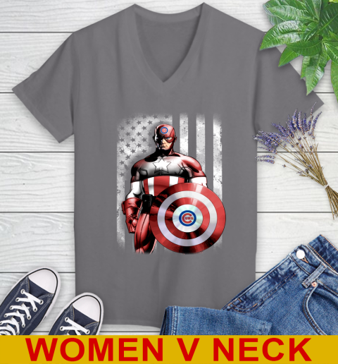 Chicago Cubs MLB Baseball Captain America Marvel Avengers American Flag Shirt Women's V-Neck T-Shirt 11