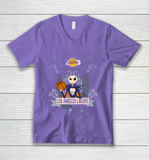 NBA Los Angeles Lakers Basketball Jack Skellington Halloween V-Neck T-Shirt 8