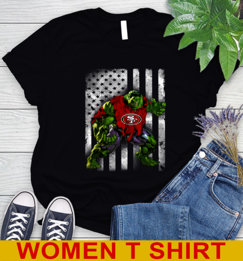 San Francisco 49ers Hulk Marvel Avengers NFL Football American Flag Women's T-Shirt