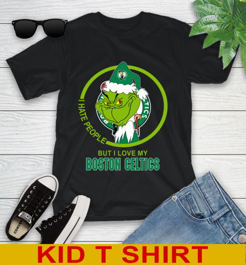 Boston Celtics NBA Christmas Grinch I Hate People But I Love My Favorite Basketball Team Youth T-Shirt 2