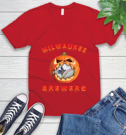 MLB Milwaukee Brewers Halloween Pumpkin Baseball Sports V-Neck T-Shirt 7