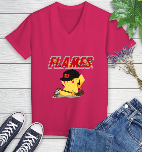 NHL Pikachu Hockey Sports Calgary Flames Women's V-Neck T-Shirt 9