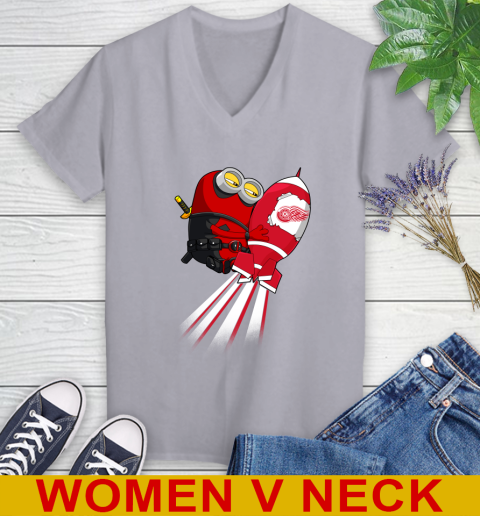 NHL Hockey Detroit Red Wings Deadpool Minion Marvel Shirt Women's V-Neck T-Shirt 4