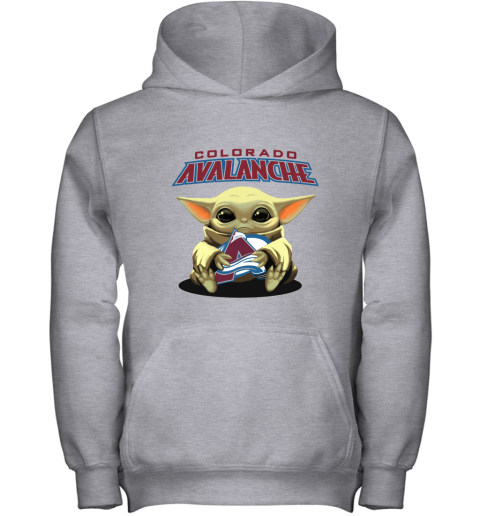 Baby Yoda Hugs The Colorado Avalanche Ice Hockey Youth Hoodie