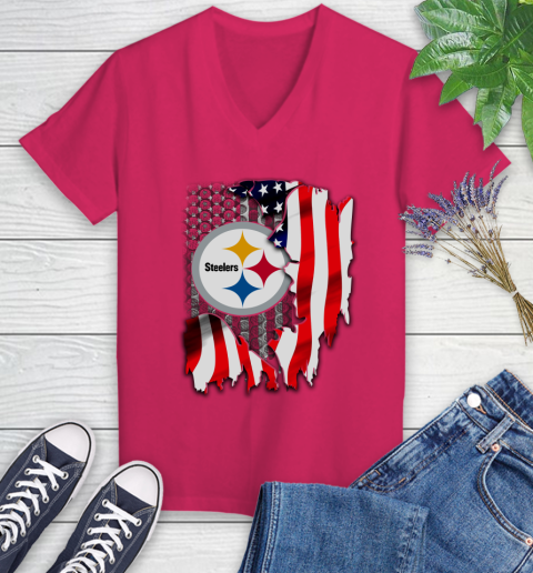 Pittsburgh Steelers NFL Football American Flag Women's V-Neck T-Shirt - Image 10