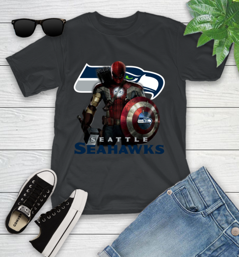 NFL Captain America Thor Spider Man Hawkeye Avengers Endgame Football Seattle Seahawks Youth T-Shirt 2
