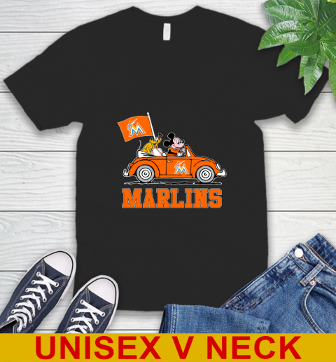 MLB Baseball Miami Marlins Pluto Mickey Driving Disney Shirt V-Neck T-Shirt 2