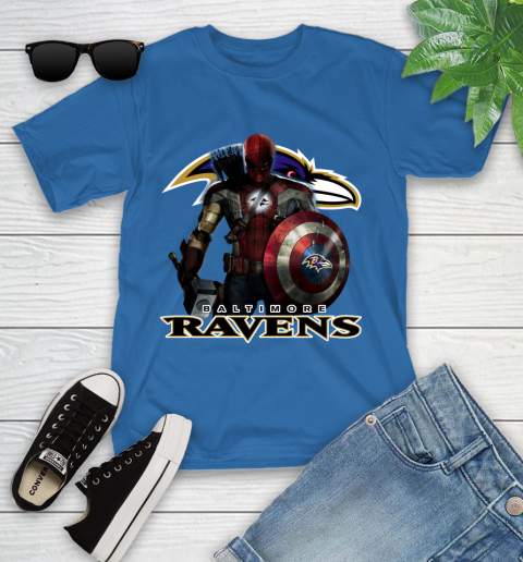 NFL Captain America Thor Spider Man Hawkeye Avengers Endgame Football Baltimore Ravens Youth T-Shirt 9