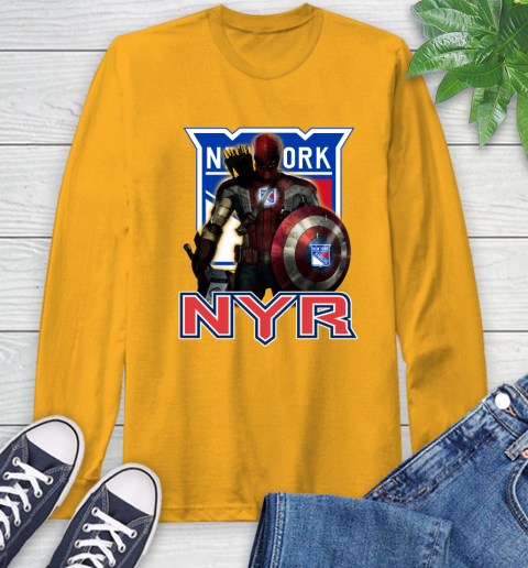 NHL Captain America Thor Spider Man Hawkeye Avengers Endgame Hockey New York Rangers Long Sleeve T-Shirt 3