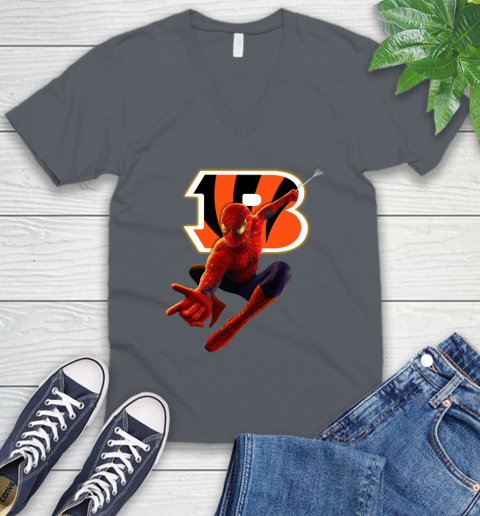 NFL Spider Man Avengers Endgame Football Cincinnati Bengals V-Neck T-Shirt 5