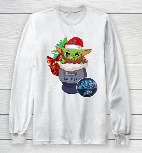 Utah Jazz Christmas Baby Yoda Star Wars Funny Happy NBA Long Sleeve T-Shirt 2