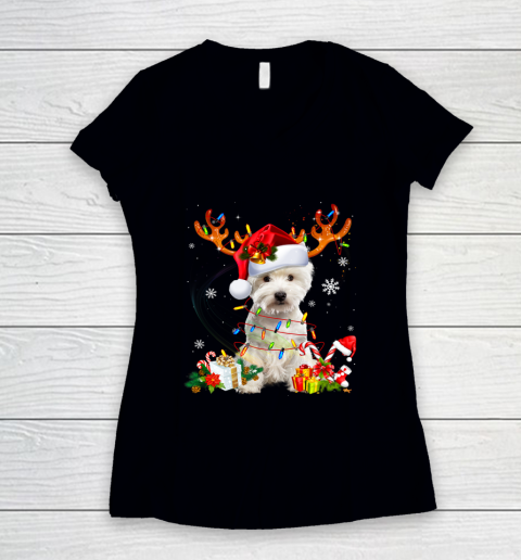 Funny Westie Christmas Tree Reindeer Christmas Lights Pajama Women's V-Neck T-Shirt