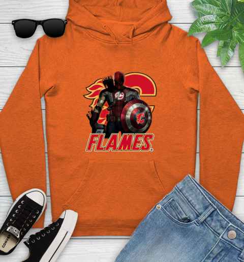 NHL Captain America Thor Spider Man Hawkeye Avengers Endgame Hockey Calgary Flames Youth Hoodie 5