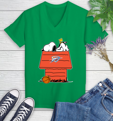 Oklahoma City Thunder NBA Basketball Snoopy Woodstock The Peanuts Movie Women's V-Neck T-Shirt 5