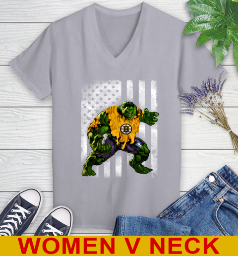 Boston Bruins Hulk Marvel Avengers NHL Hockey American Flag Women's V-Neck T-Shirt 4