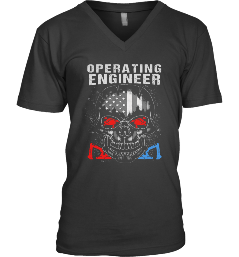 Operating Engineer Skull American Flag Veteran Independence Day V-Neck T-Shirt