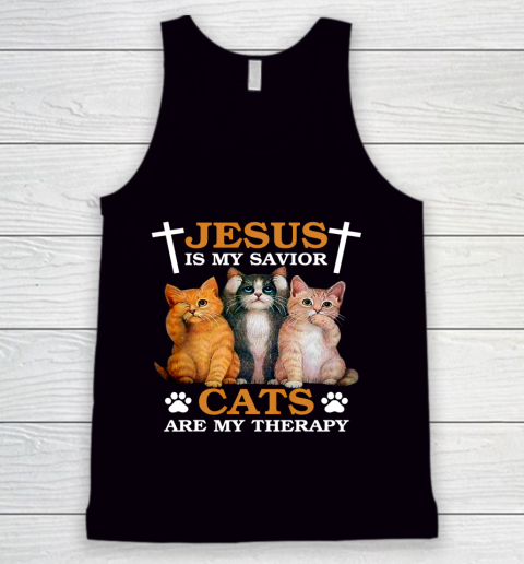 Jesus is My Savior Cat are My Therapy Christians Cat Lover Tank Top